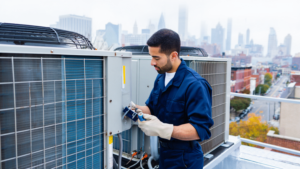 Technician servicing HVAC unit on rooftop in Brooklyn, showcasing professional installation services for office environments.