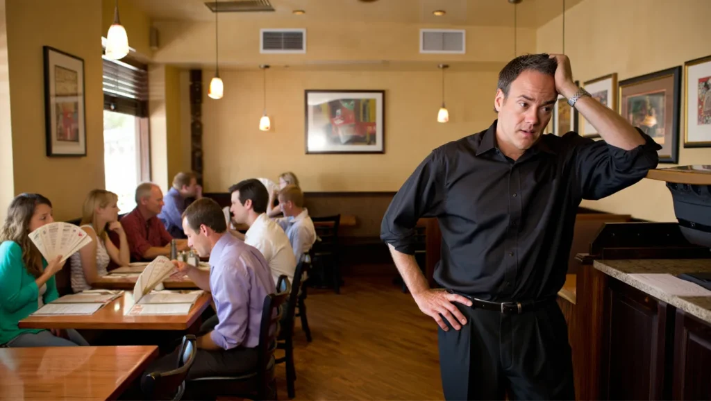 Frustrated restaurant manager in black shirt, standing near counter, with worried expression as customers sit at tables, highlighting the urgency for effective emergency AC repair services in Brooklyn.
