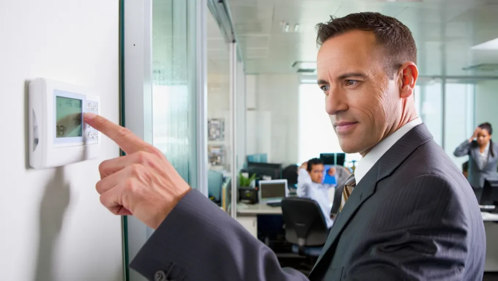 HVAC service: Man adjusting thermostat in Brooklyn, NY. Office worker in suit changes temperature settings for commercial heating and cooling.