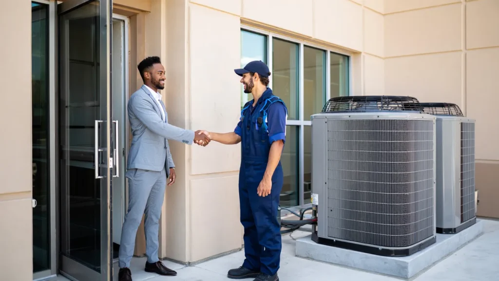 HVAC technician in Brooklyn, NY, shaking hands with client in front of AC units. Commercial HVAC services for heating and cooling systems.
