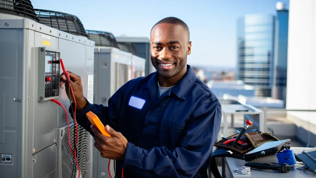 HVAC technician in Brooklyn, NY, performing AC repair on rooftop unit. Smiling man in blue uniform using multimeter for air conditioning maintenance.
