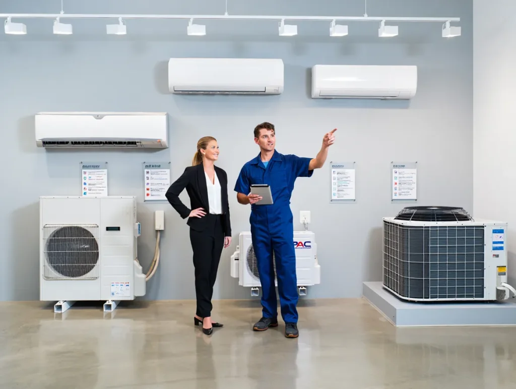 HVAC technician showing a woman different AC units, including mini-splits. Air conditioning service options for homes and businesses in Brooklyn, NY.