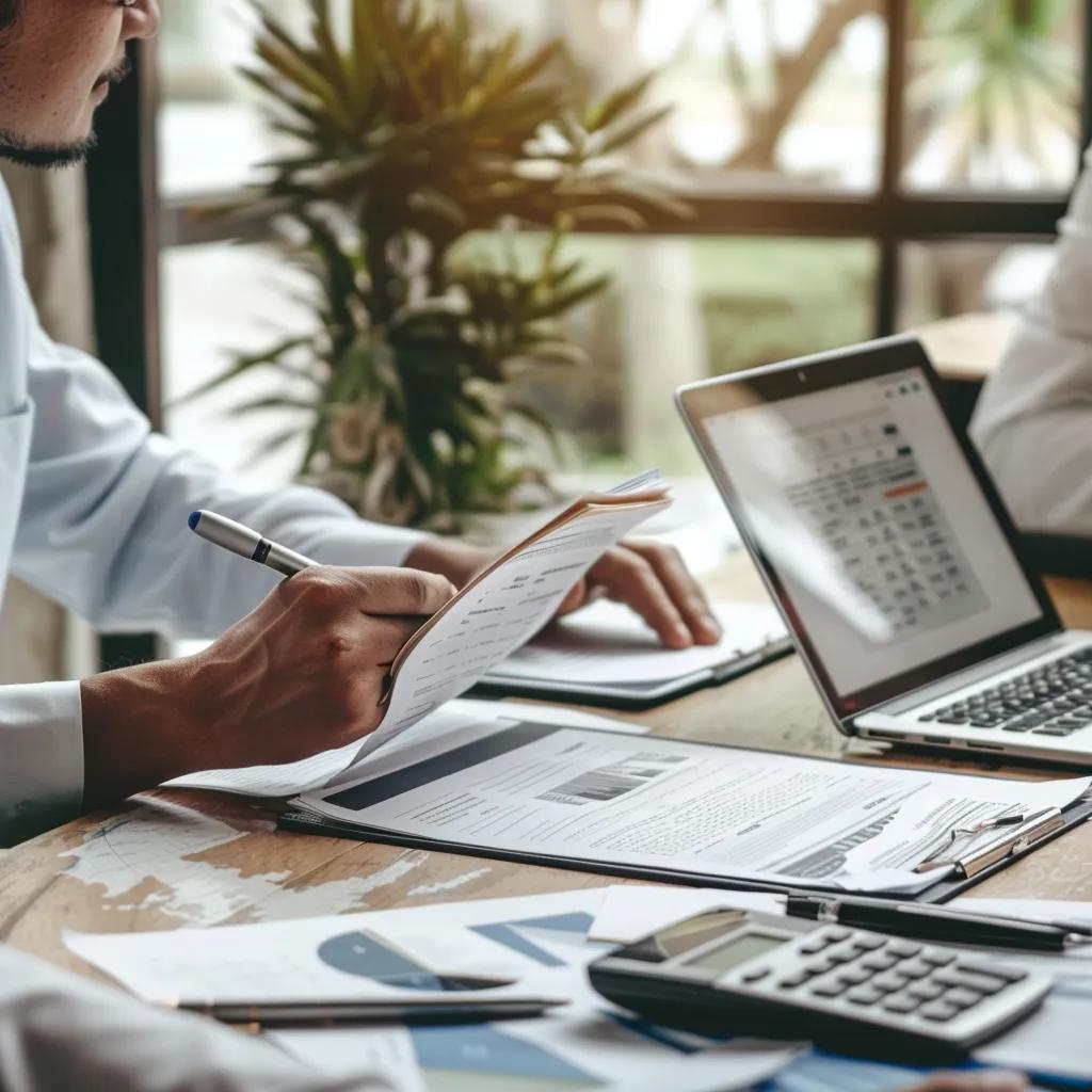 Financial planning meeting with laptop, calculator, and documents. Tax preparation in Brooklyn, NY. Expert financial services and advice.