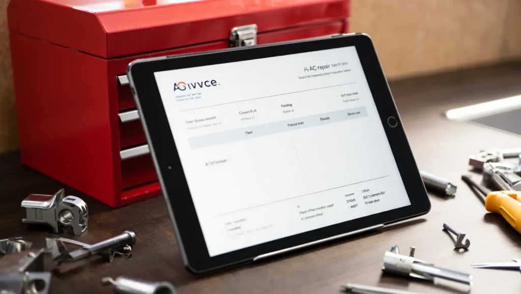 HVAC repair estimate on a tablet with tools and a red toolbox. AC repair service information. HVAC service in Brooklyn, NY.