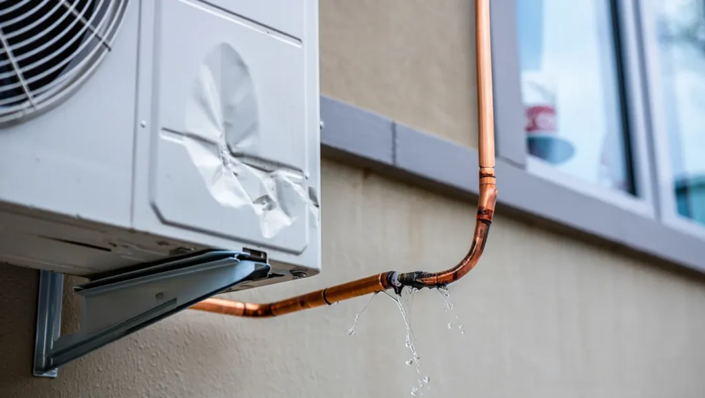 Leaking AC unit with dripping copper pipe. HVAC system repair needed. Call for AC repair service in Brooklyn, NY. Condenser damage shown.