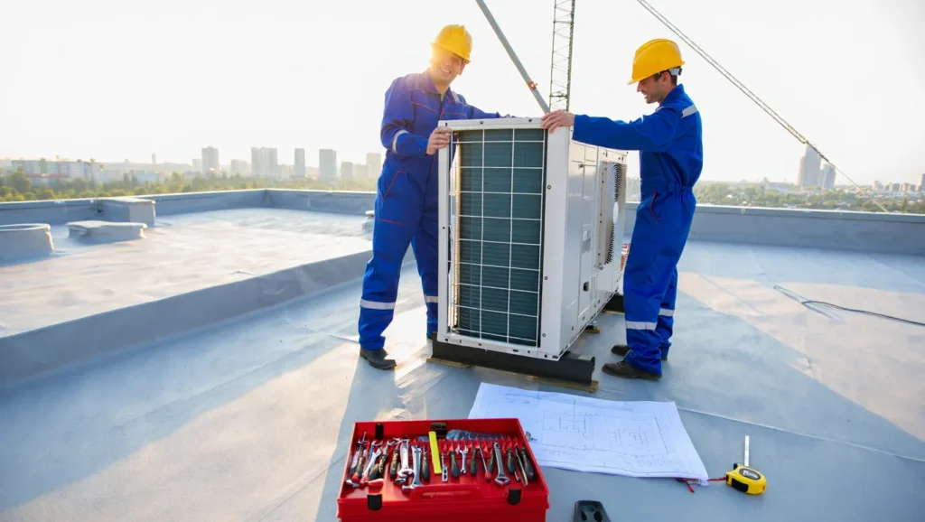 HVAC technicians installing a new air conditioning system on a rooftop in Brooklyn, NY. Red toolbox and blueprints are visible. AC installation.