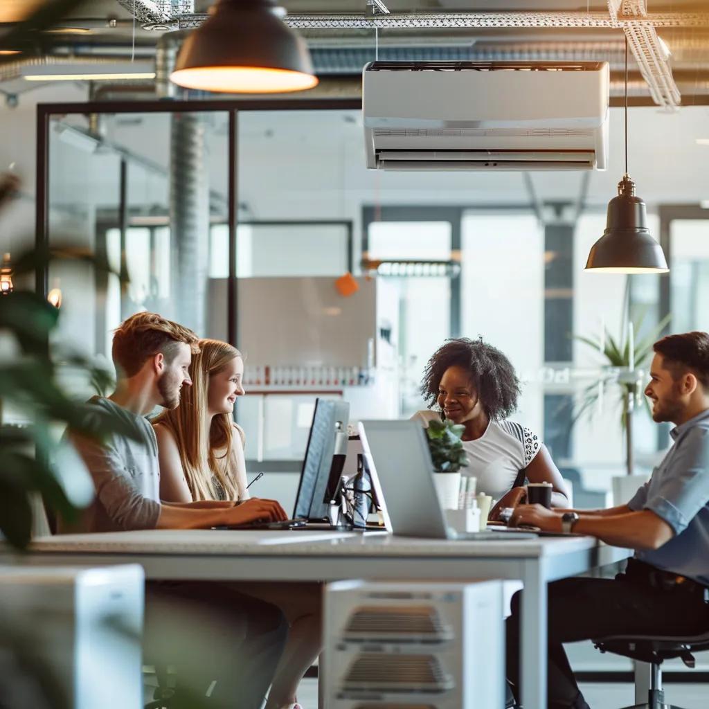 Group of professionals working in a modern office with a wall-mounted air conditioning unit, highlighting the importance of efficient cooling for business productivity and customer comfort.