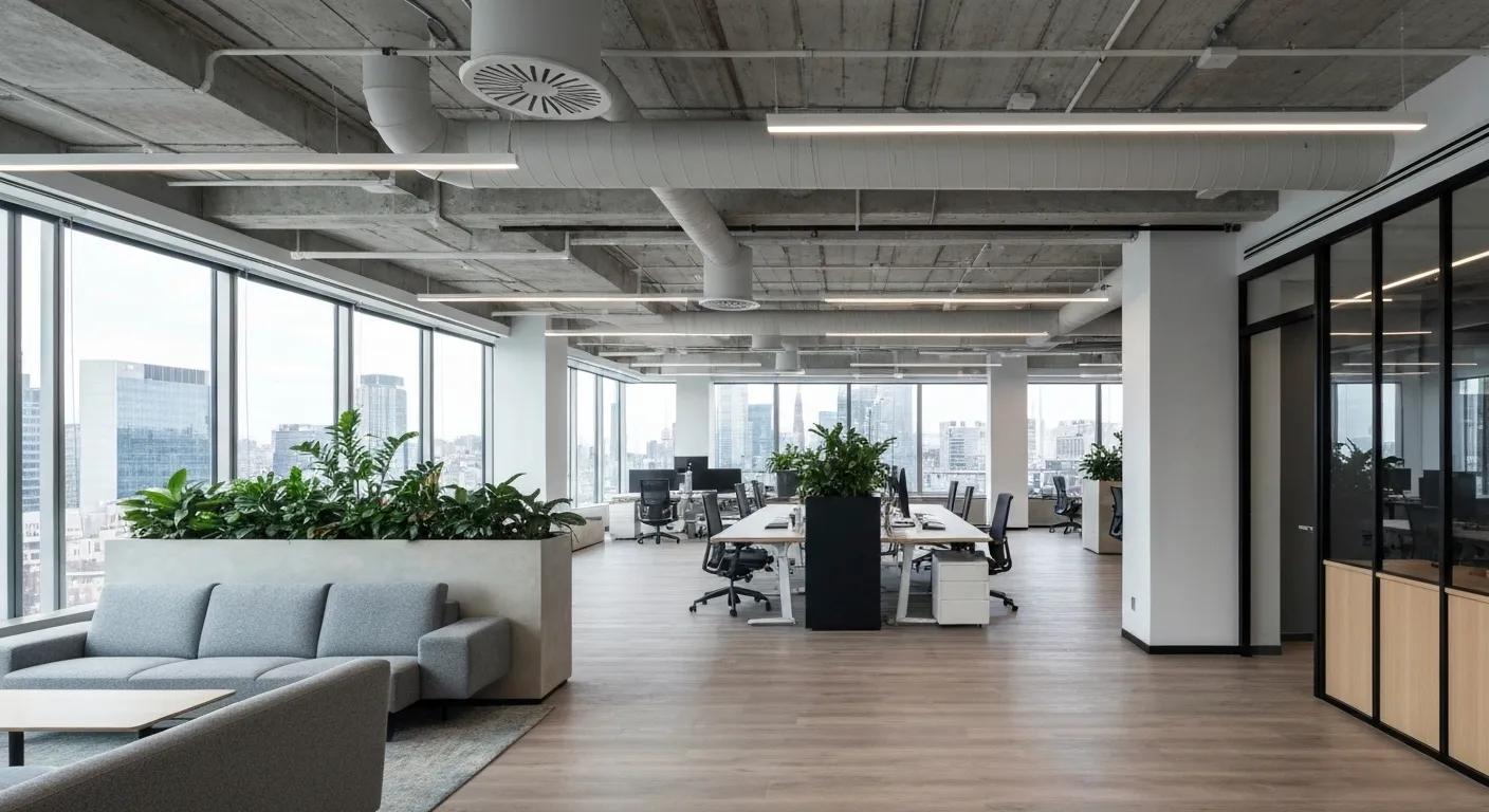 Modern office interior with large windows, green plants, and workstations, highlighting a comfortable and productive environment for HVAC maintenance services.