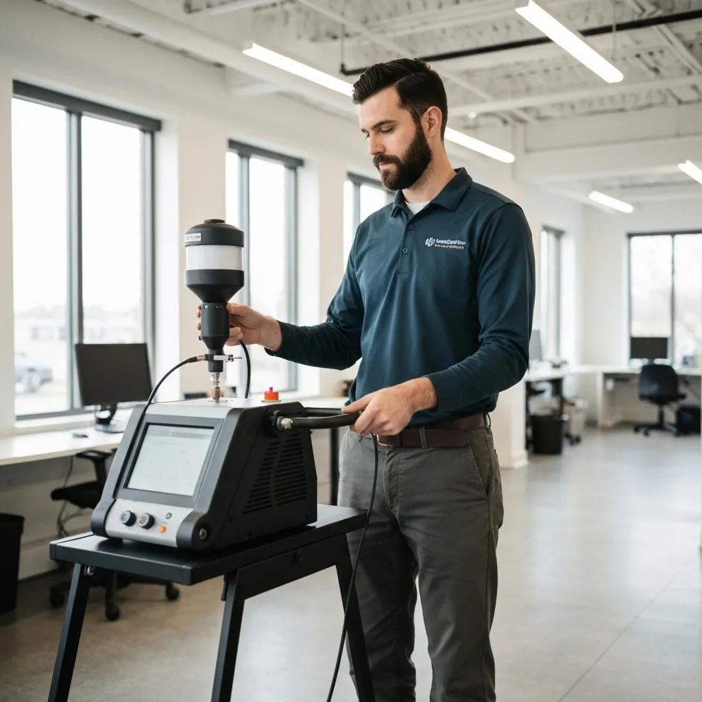 Technician performing air quality testing in a NYC commercial building