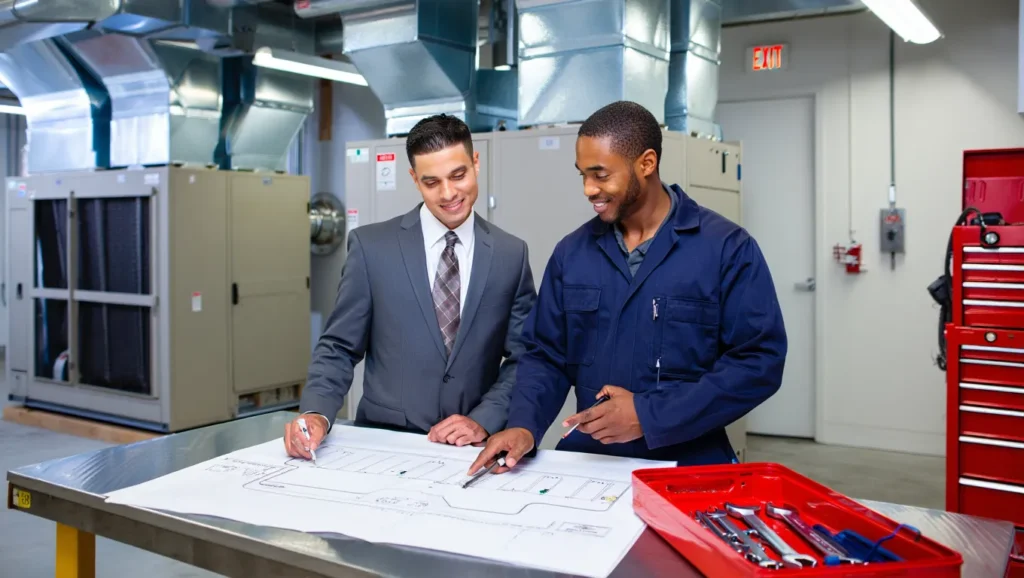 HVAC design and installation. Two men review HVAC system blueprints in Brooklyn, NY. Commercial heating and cooling solutions.
