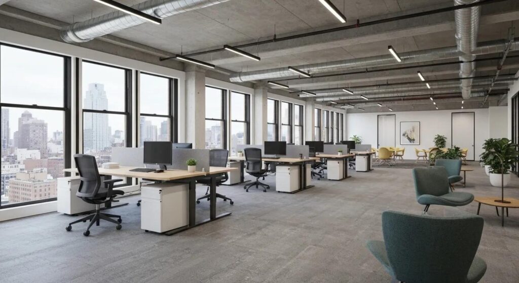Coworking Space in Brooklyn, NY with desks, chairs, and computers set up in a bright, modern office. Large windows offer city views. Open office concept.