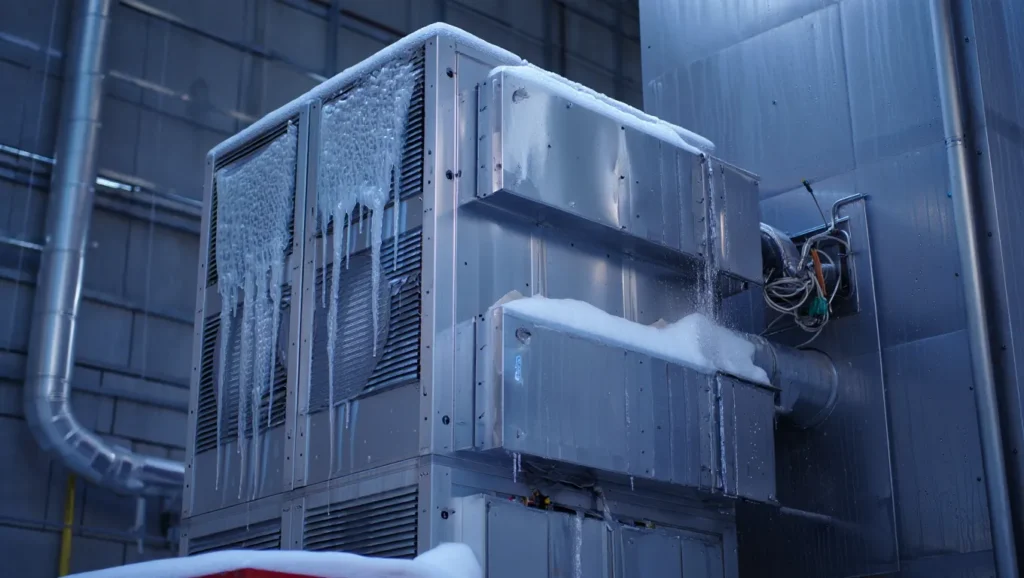 Frozen commercial HVAC system with icicles and snow. Commercial HVAC maintenance in Brooklyn, NY is crucial to prevent winter damage.