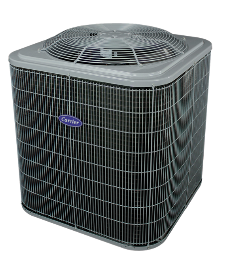 High-efficiency packaged heat pump unit by Carrier, designed for commercial spaces, showcasing compact design and durable construction for optimal heating and cooling performance.