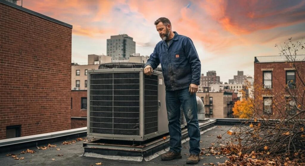Man performing HVAC maintenance on rooftop unit in Brooklyn, surrounded by urban buildings and autumn foliage, emphasizing importance of fall HVAC services.