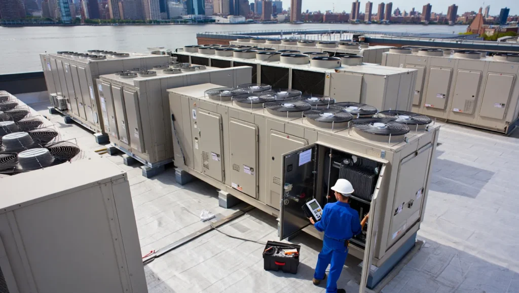 Rooftop HVAC systems in Brooklyn, NY, being serviced by a technician in blue uniform and hard hat. Commercial heating and cooling units on a flat roof.