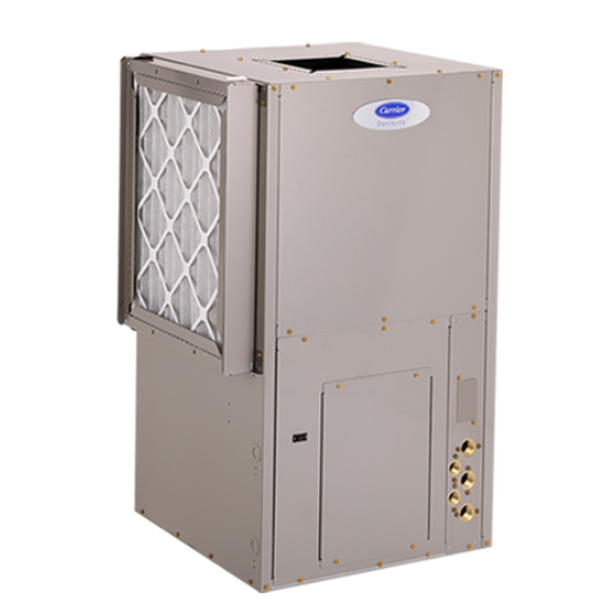 Carrier packaged heat pump unit designed for commercial use, featuring a compact design and efficient air filtration system, ideal for enhancing heating and cooling performance in Brooklyn, NY.