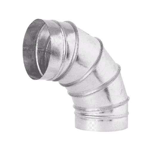Metal ductwork elbow for heating repair. Ventilation pipe fitting used in HVAC systems for directing airflow in Brooklyn, NY.