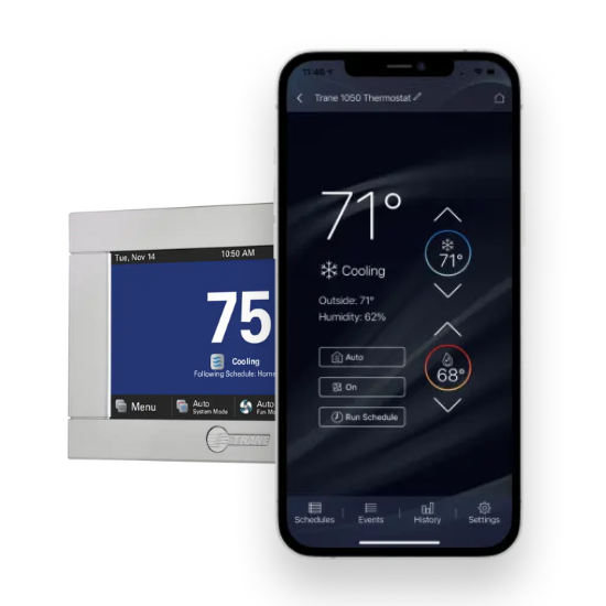 Trane smart thermostat with mobile app for HVAC control. Energy-efficient home climate control in Brooklyn, NY. Smart home technology.
