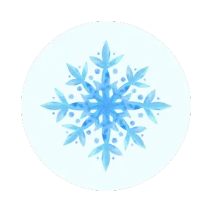 Watercolor snowflake design on a white circle. Winter holiday season graphic element. Decorative ice crystal for festive designs, Brooklyn, NY.