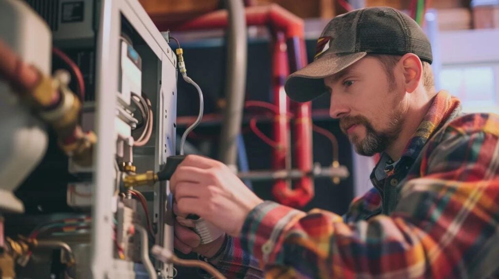 Technician performing maintenance on a commercial HVAC system, ensuring efficient operation and reliability for winter in Brooklyn.