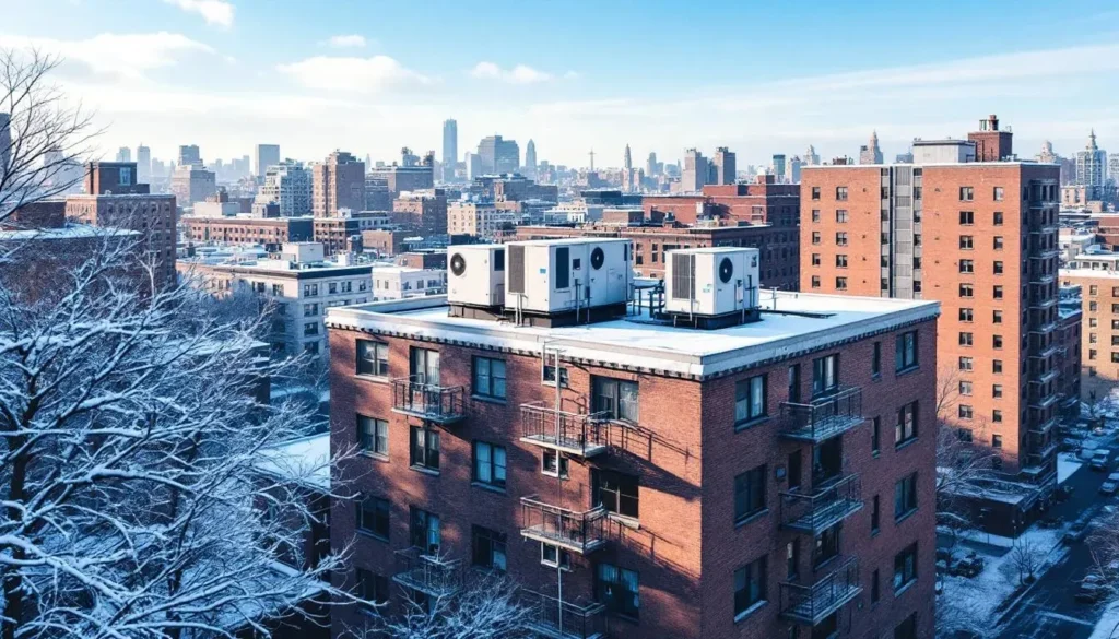 Winter cityscape in Brooklyn featuring commercial buildings with HVAC units on rooftops, showcasing the importance of preventive maintenance for heating efficiency.