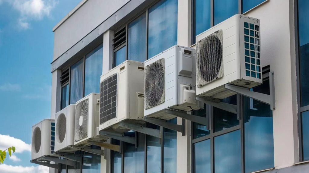 Multi-unit building exterior featuring multiple heat pump systems mounted on windows, showcasing energy-efficient HVAC solutions for Brooklyn properties.