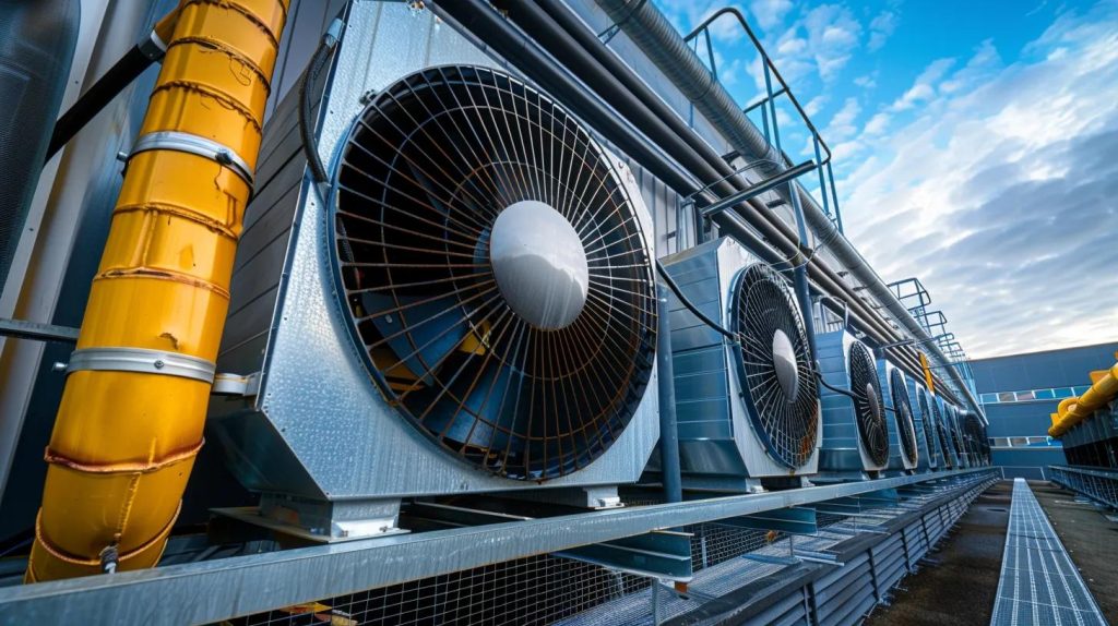 Commercial heat pump system with multiple large fans, showcasing energy-efficient HVAC technology for multi-family buildings in Brooklyn.