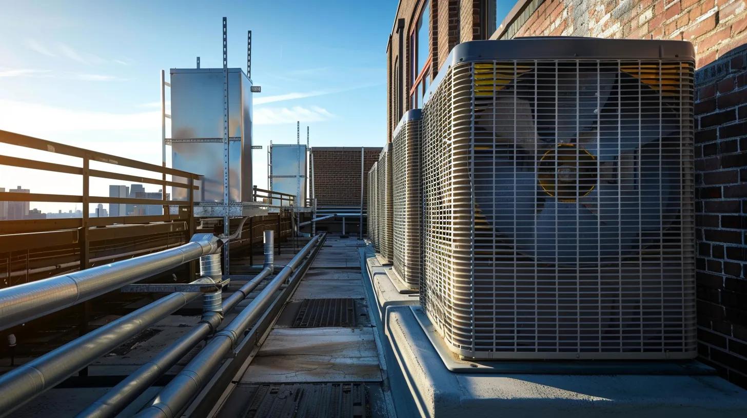 Heat pumps on a Brooklyn rooftop, showcasing energy-efficient HVAC systems for commercial buildings, with pipes and urban skyline in the background.