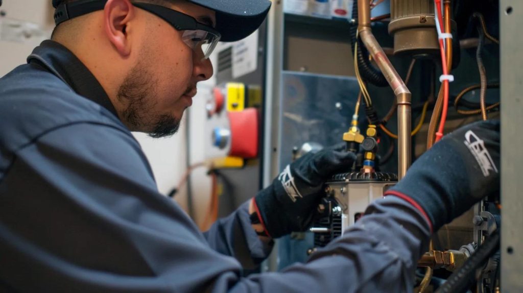 Technician servicing a commercial heat pump system, focusing on HVAC maintenance for multi-family units in Brooklyn.