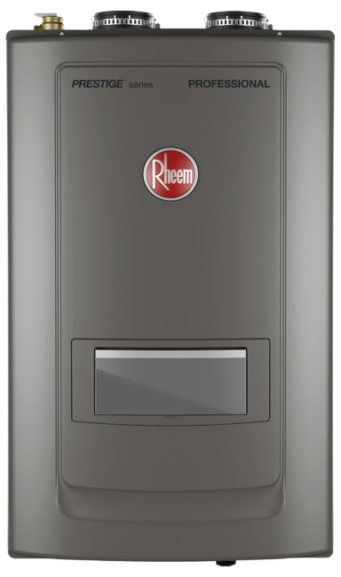 Rheem Prestige series professional combi boiler, compact design, ideal for commercial heating and hot water solutions, emphasizing efficiency and performance.
