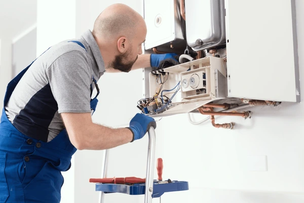 Certified technician performing boiler maintenance and inspection in Brooklyn commercial building.
