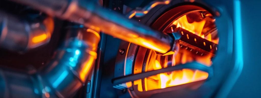 Close-up of a furnace burner with flames, illustrating heating system functionality for mixed-use buildings in Brooklyn during winter.