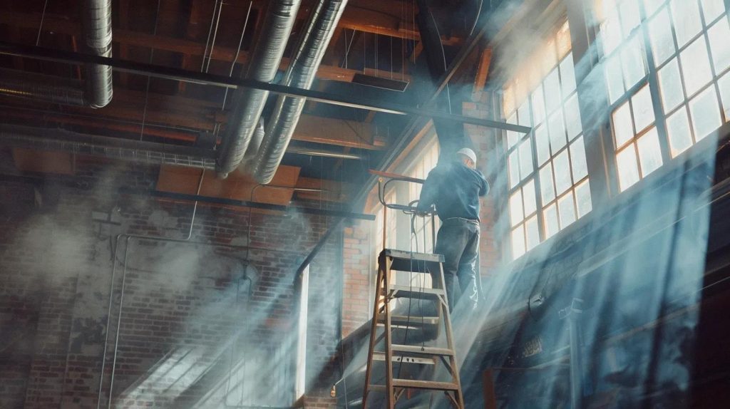 technician performing duct cleaning in a brooklyn commercial space