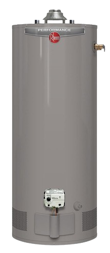 Rheem conventional boiler with a cylindrical design, showcasing a gray exterior and performance branding, relevant to commercial boiler maintenance services in Brooklyn.