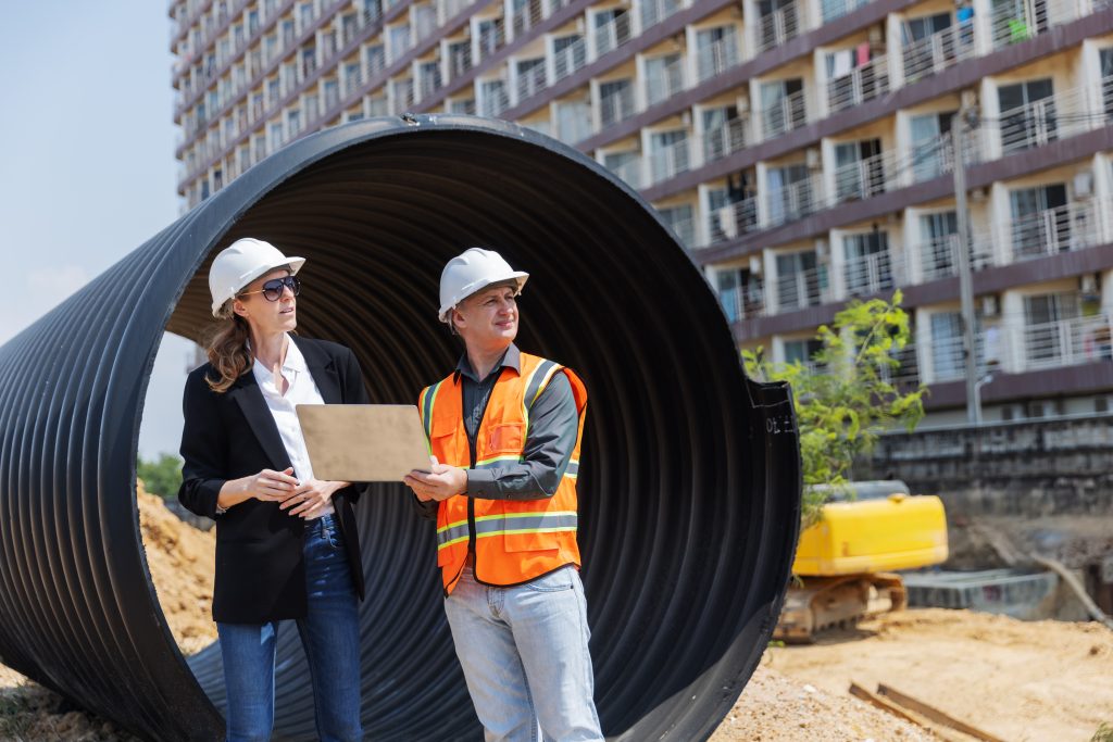 Construction professionals inspecting drainage pipes near a residential building, emphasizing HVAC ductwork design and installation for improved airflow and efficiency in Brooklyn.